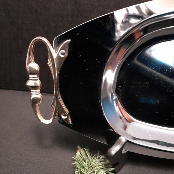 Vintage Kromex Chrome Serving Tray with Gold Tone Handle & Removable Glass  Dish - Picture 9 of 12
